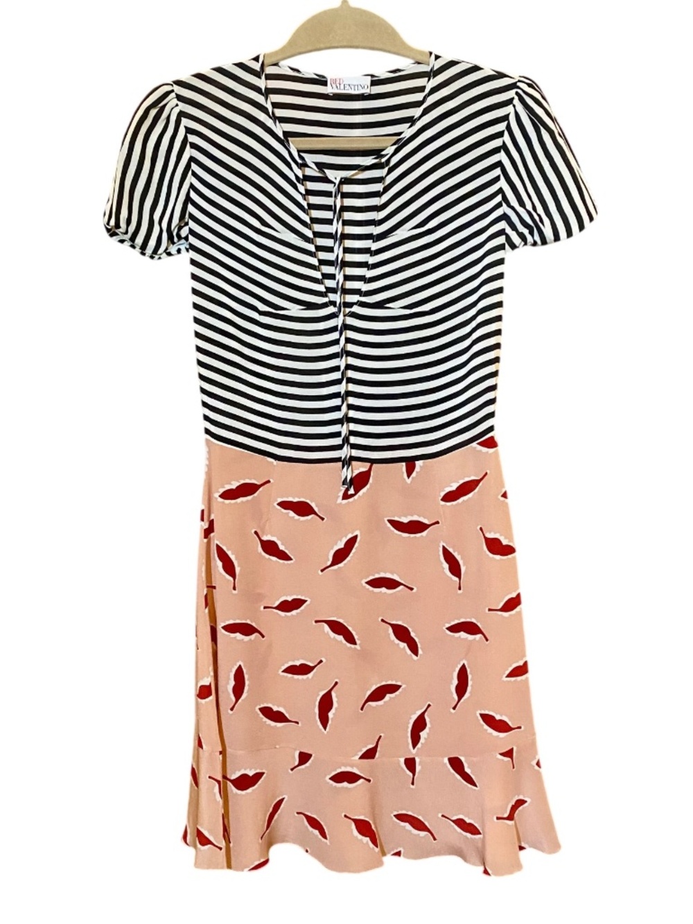 VTG RED Valentino Striped Lip Print Mixed Media Silk Fit Flare Dress 4 Like New